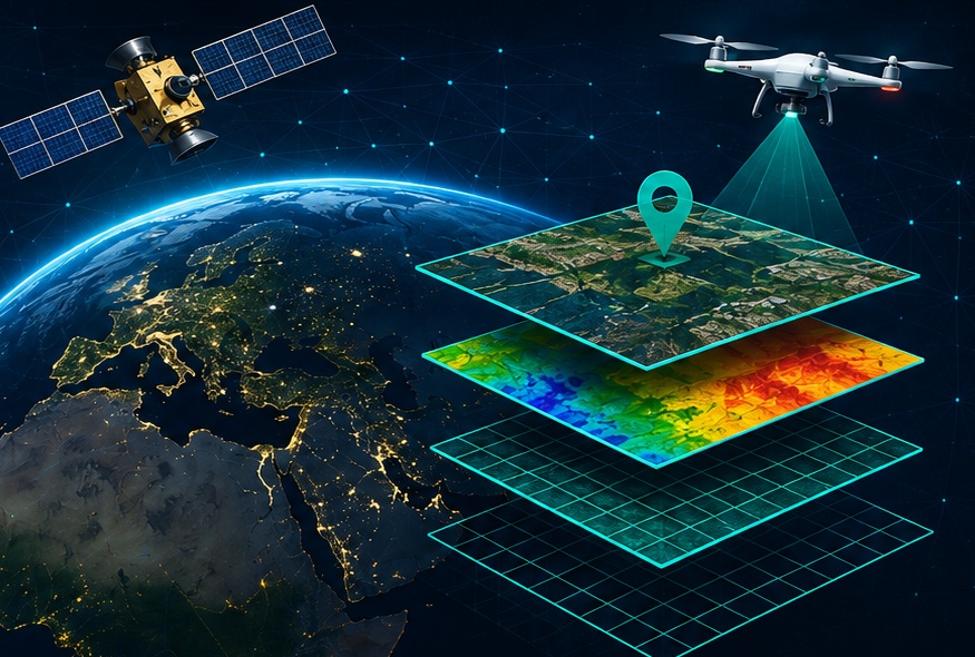 Synthetic GeoAI globe, satellite, drone and map layers